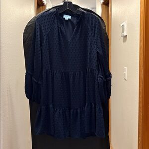 CeCe Navy Textured Tiered Peasant Dress
